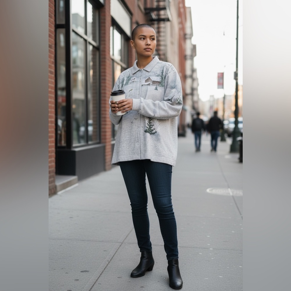 Artisans Knit Winter Scenic Cabin Button Shirt USA Vintage Large - Picture 16 of 16